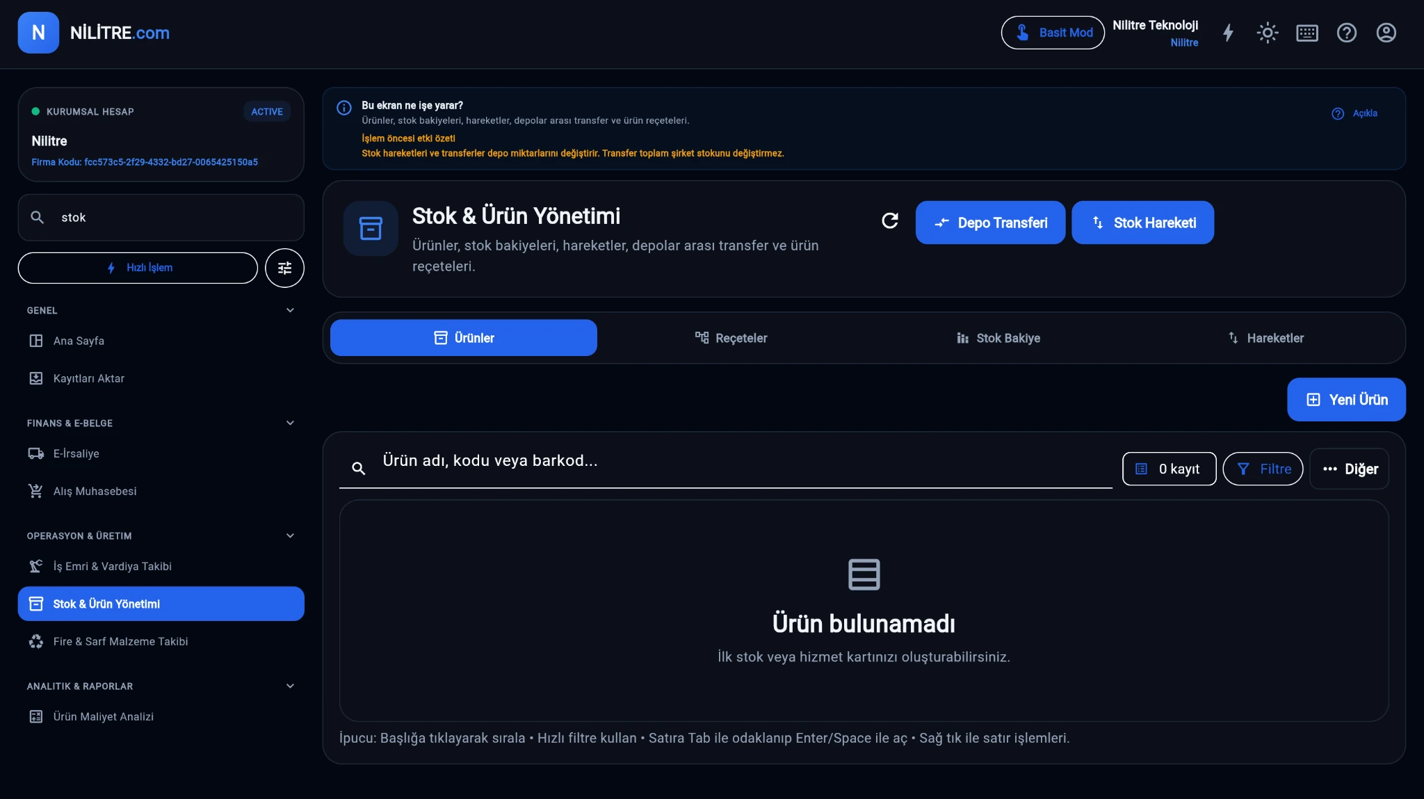 Nilitre Stok ve Ürün Yönetimi ekranı; ürünler, reçeteler, stok bakiye, hareketler ve depo transferi